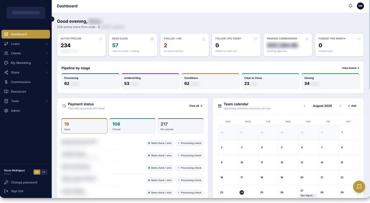 Panel de una empresa de servicios financieros, con datos difuminados